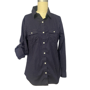 LL Bean Women’s Navy Polka Dot Shirt roll up sleeve size M-reg